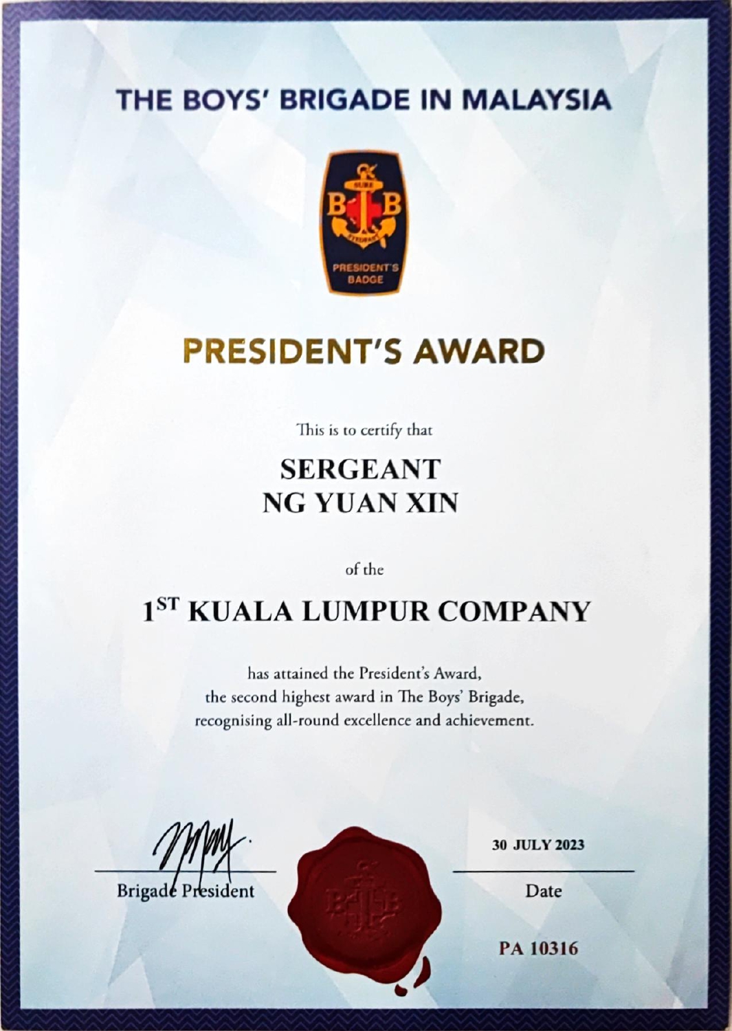 President Award Certificate